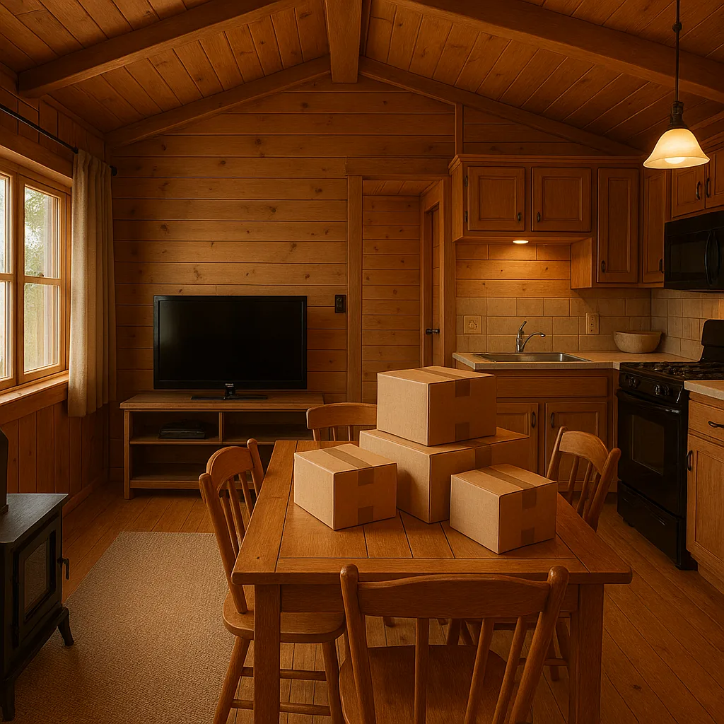 Cozy Wooden Room with a TV, Dining Table with Boxes