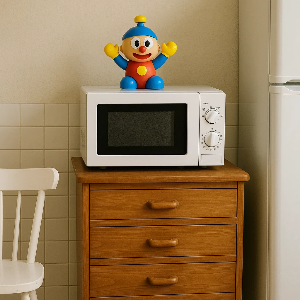 Microwave Sits on Top of a Wooden Dresser
