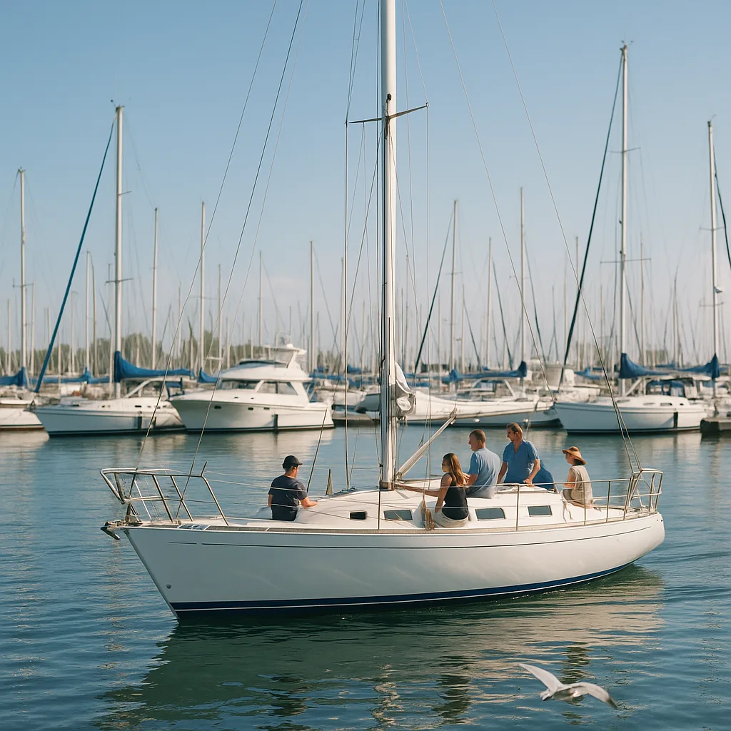 White Sailboat with People Aboard Is Docked in a Marina