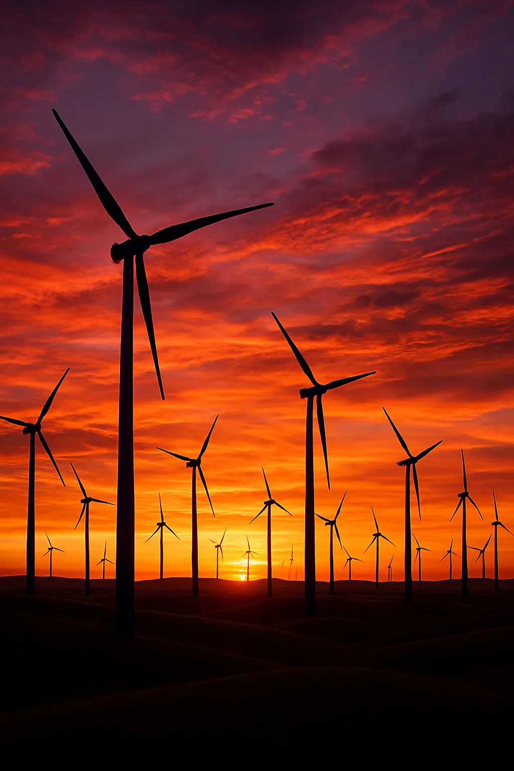 Score of Towering Wind Turbines Slowly Turn their Blades