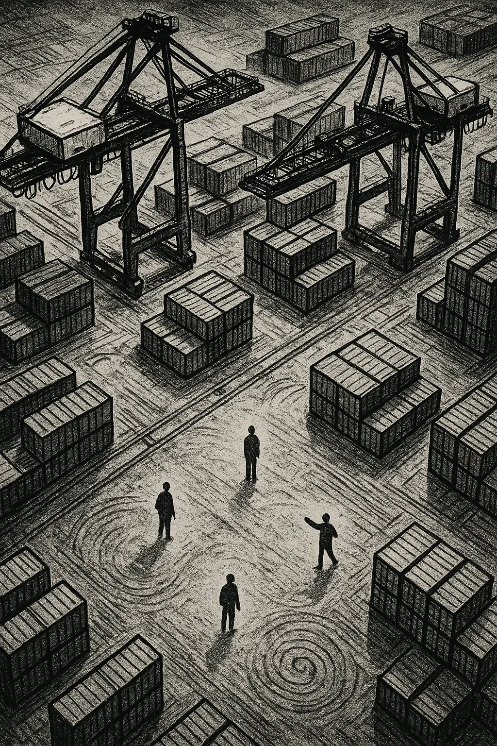 Four Tiny Figures—one Appearing Darkly Clad
