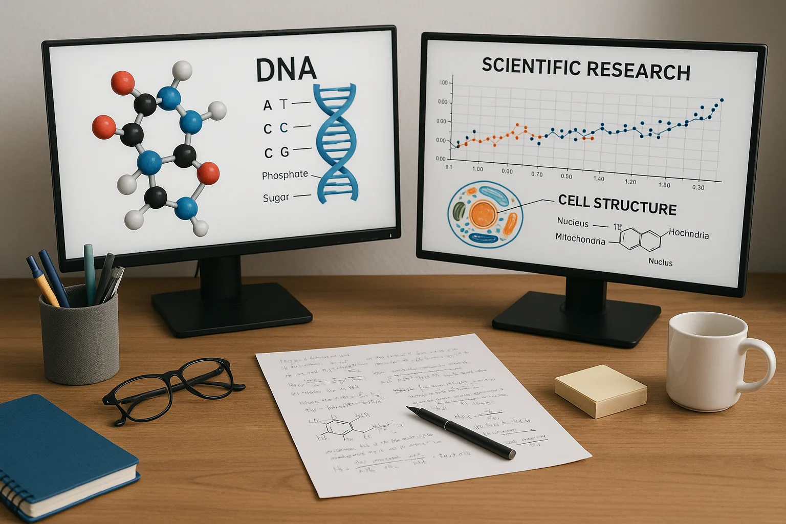 Workspace Featuring Two Monitors Displaying Scientific Content