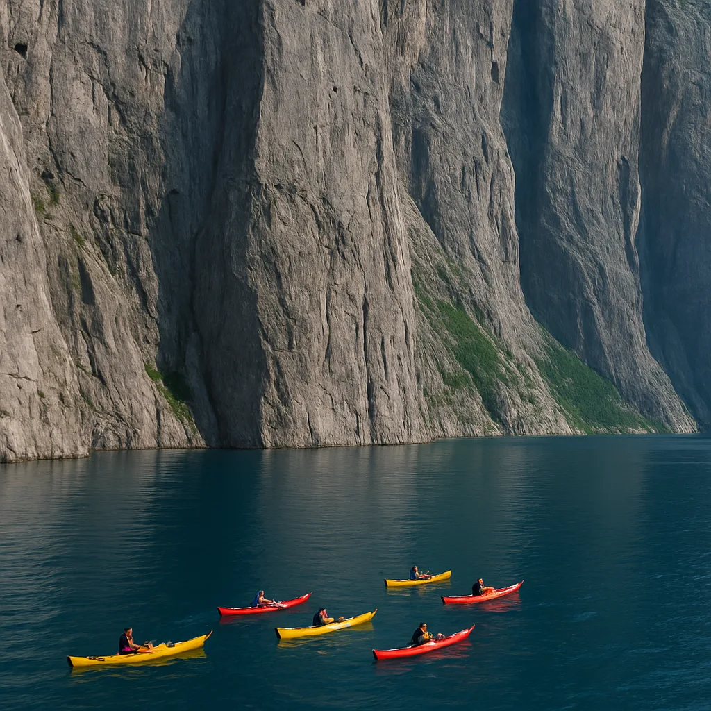 Handful of Brightly Colored Kayaks Are Dwarfed by Immense