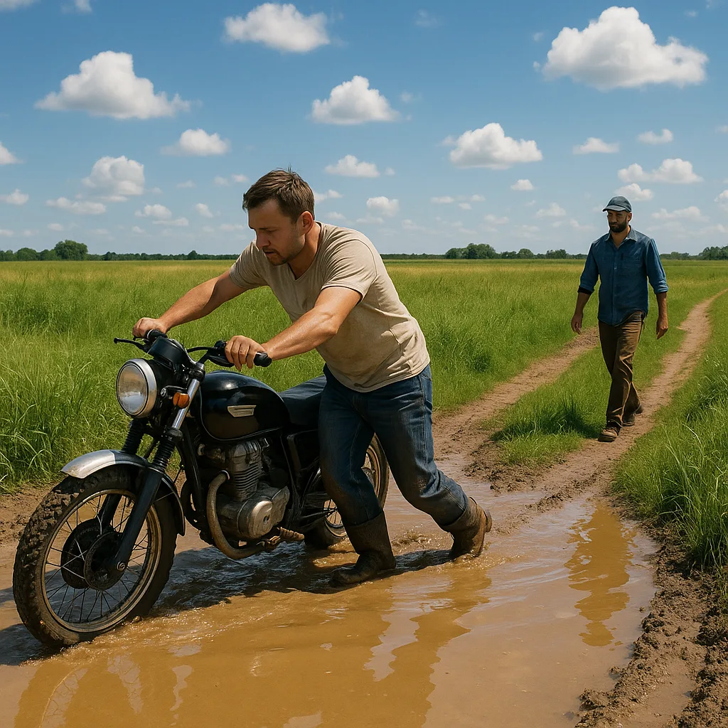 Man Stands in a Large Muddy Puddle Pushing a Motorcycle