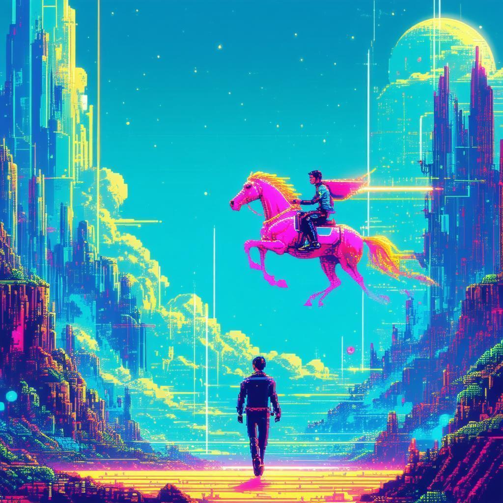 Pixel Man Chasing a Neon Horse