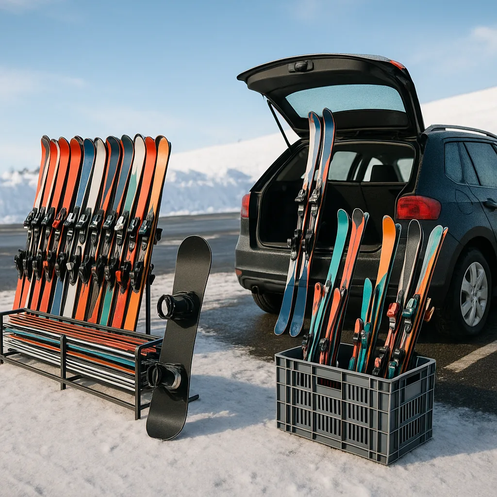 Variety of Skis Along with a Single Snowboard