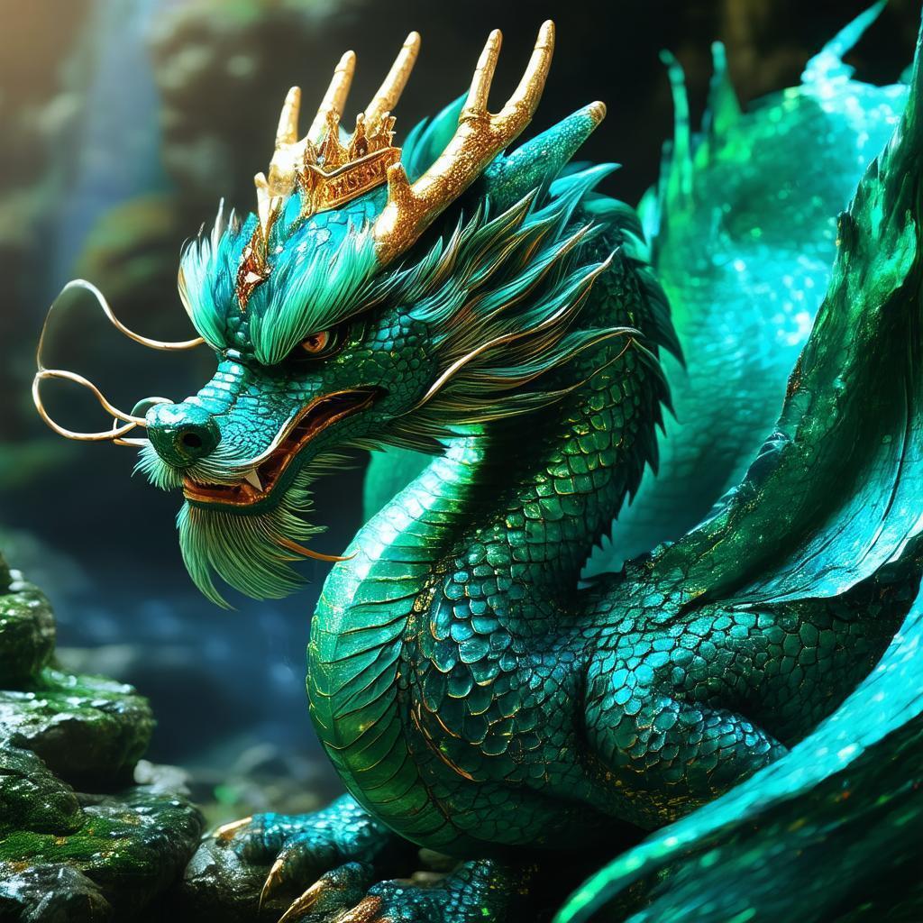 Crowned Dragon Shimmering in Emerald Panorama