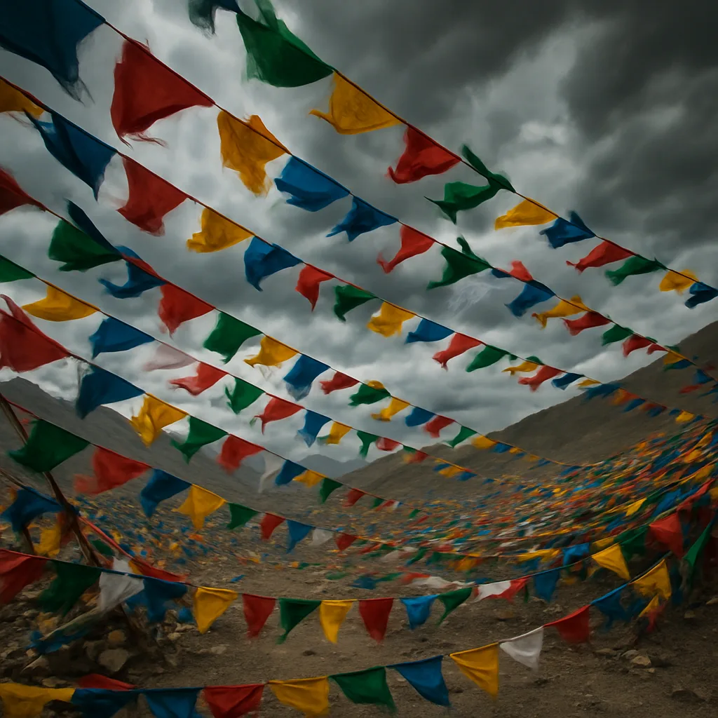 Thousands of Multi-colored Prayer Flags Flutter Violently Across a Vast