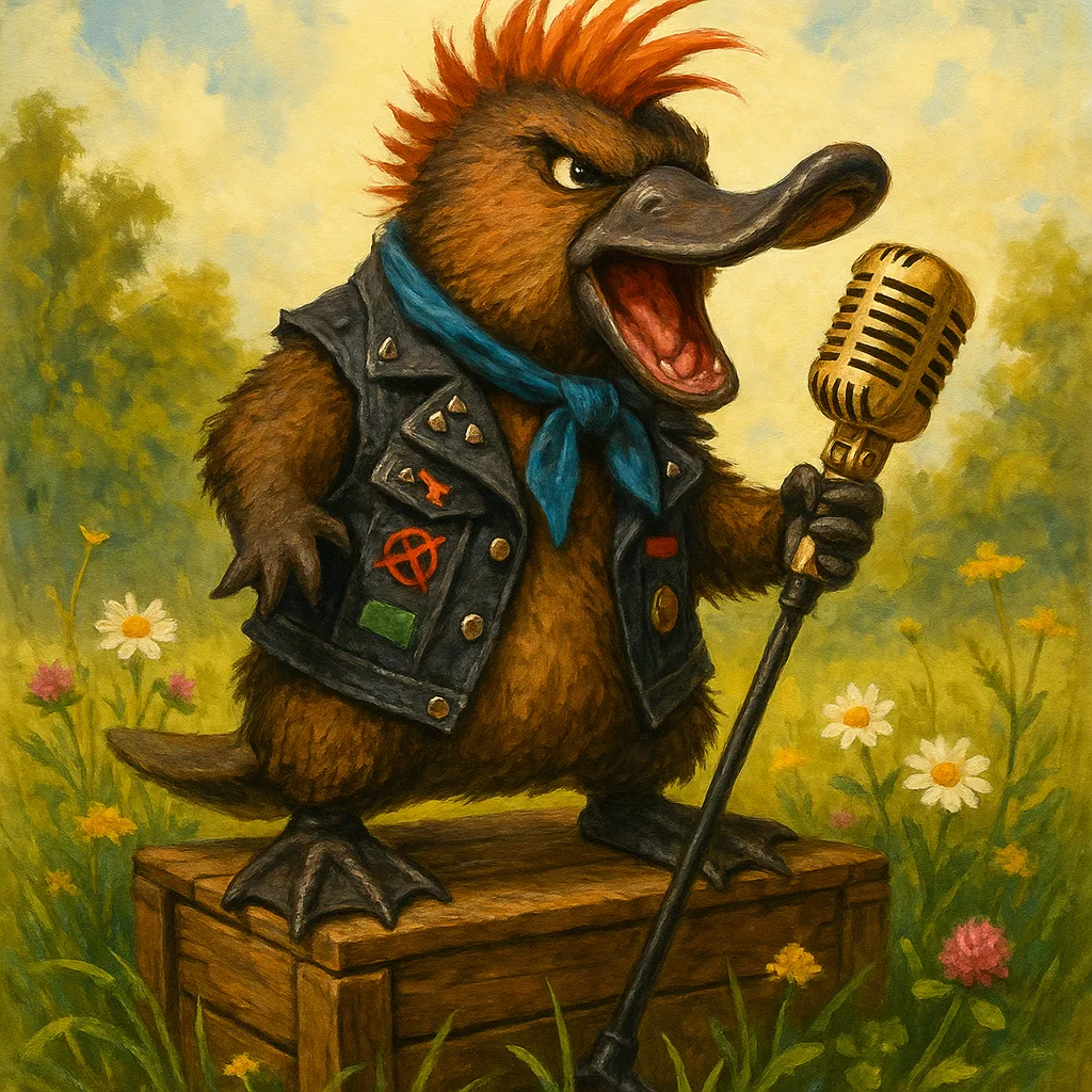 Punk Rock Platypus Stands Defiantly on a Weathered Wooden Crate