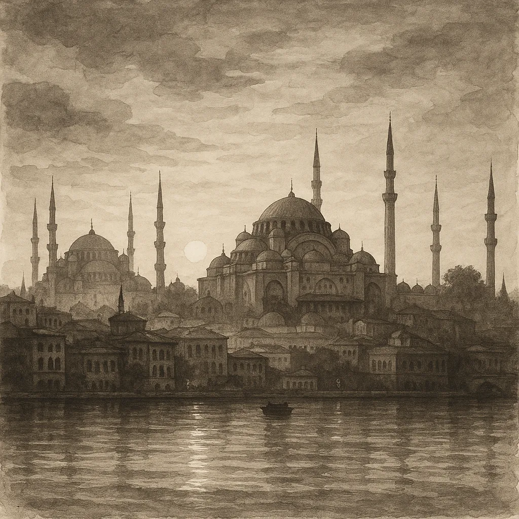 Elaborate Ink Wash Depiction of Istanbul's Historic Skyline