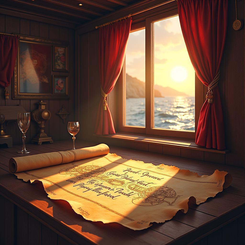 Pirate Mapping Treasure in Golden Cabin Light