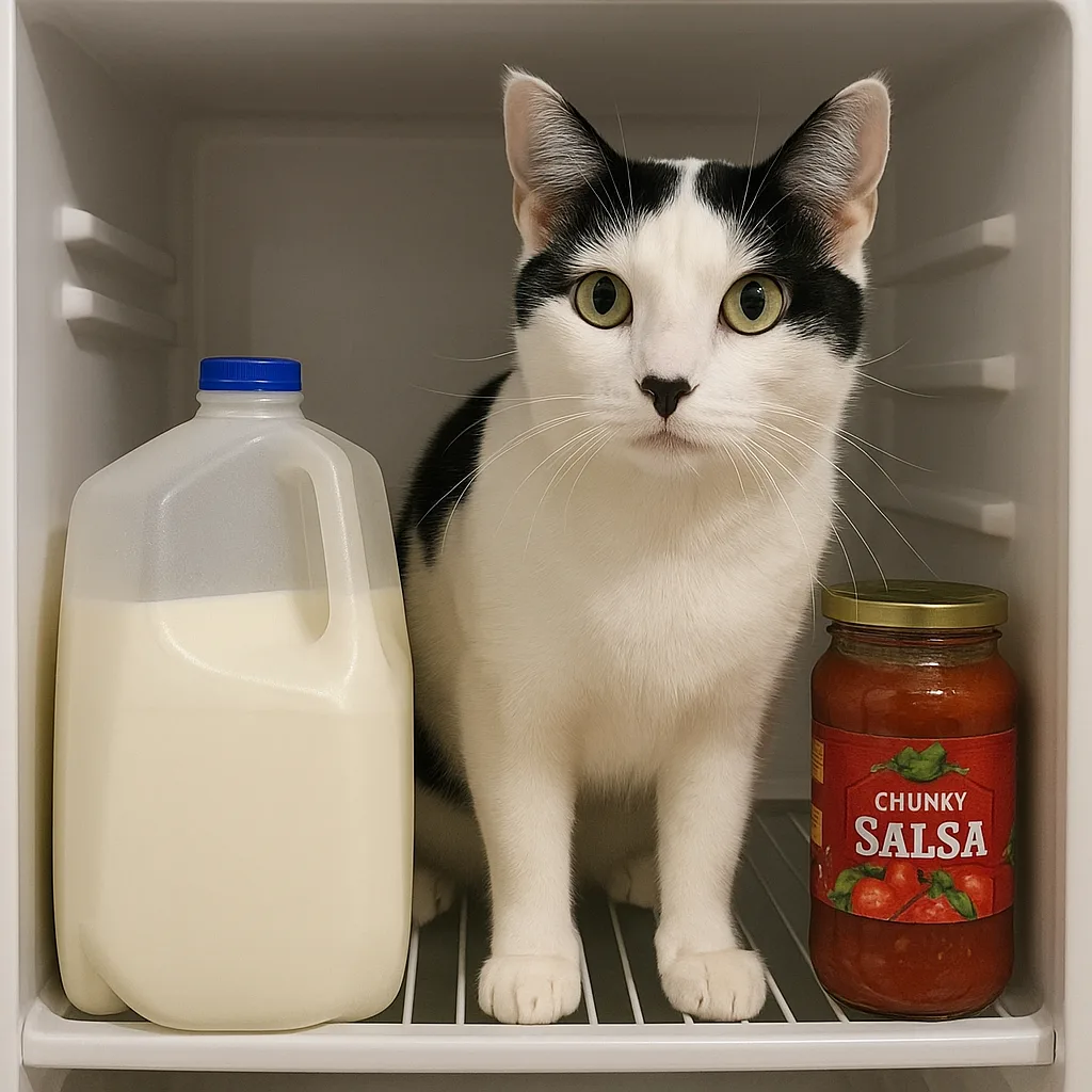 White Cat with Black Markings Is Standing Inside a Refrigerator