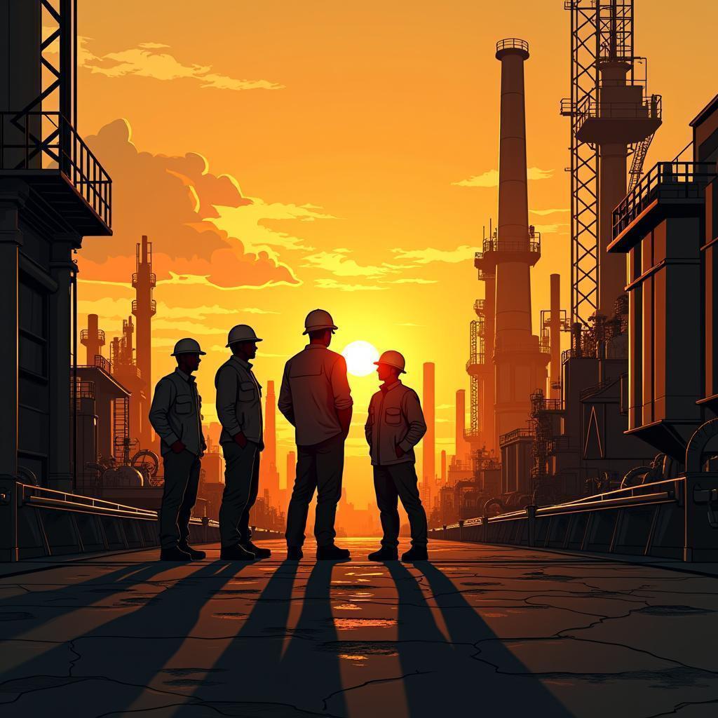Industrial Sunset With Four Silhouetted Figures