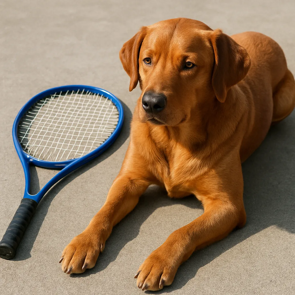 Brown Dog with a Blue Tennis Racket Placed Beside It