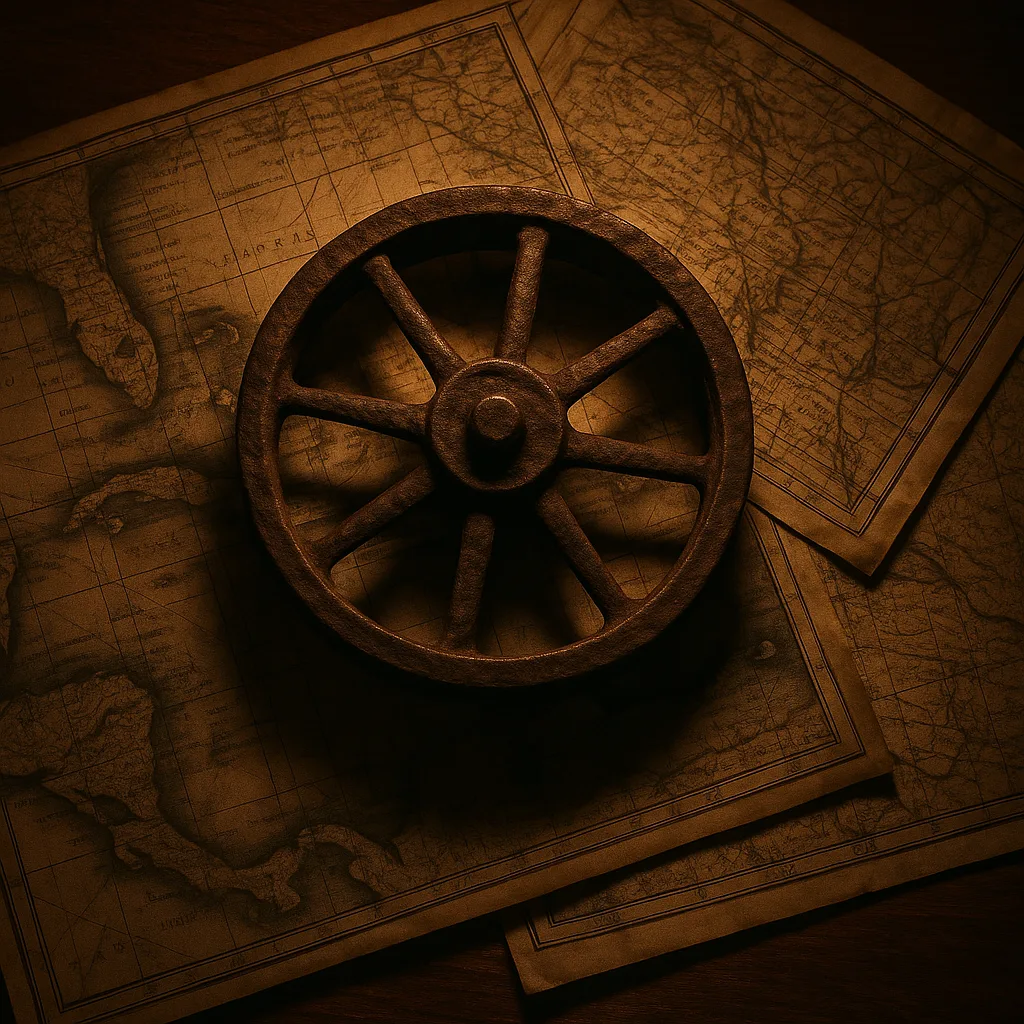 Weathered Paddlewheel Rests on an Antique Explorer's Desk
