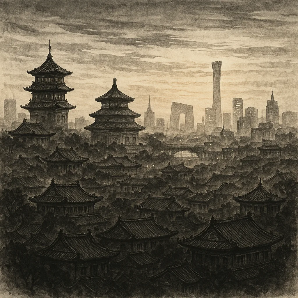 Ink Brush Artwork Depicting the Beijing Skyline Bathed