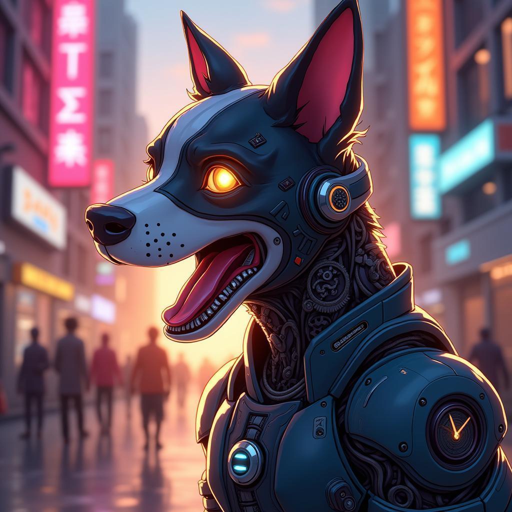 Geared Mechanic Dog in Neon Anime City