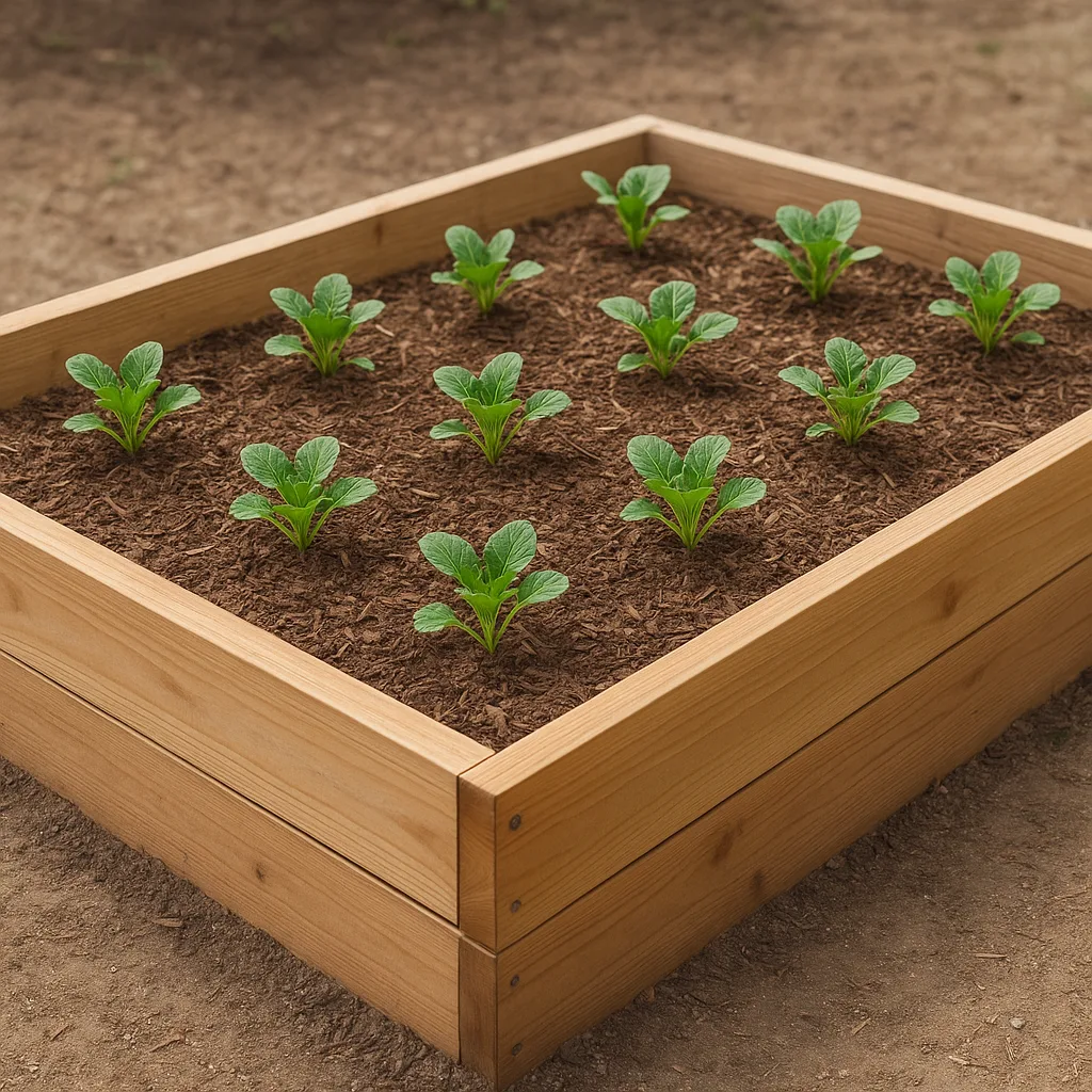 Raised Garden Bed Containing Evenly Spaced Young Green Plants