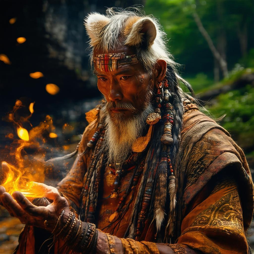 Tribal Monk Conjuring Magic on Dark Mountain