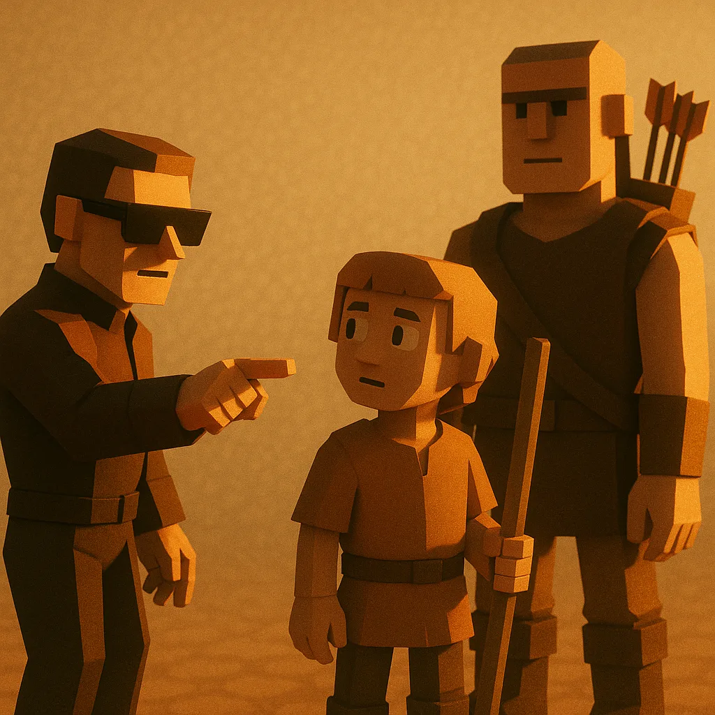 Figure in Sleek Sci-fi Sunglasses Gestures Towards an Innocent Character