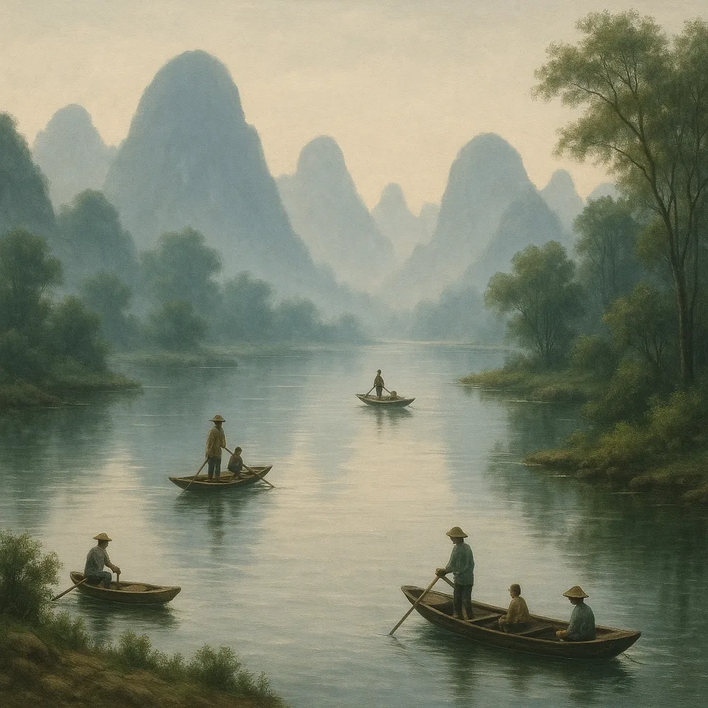 Peaceful River Scene with Small Boats and People