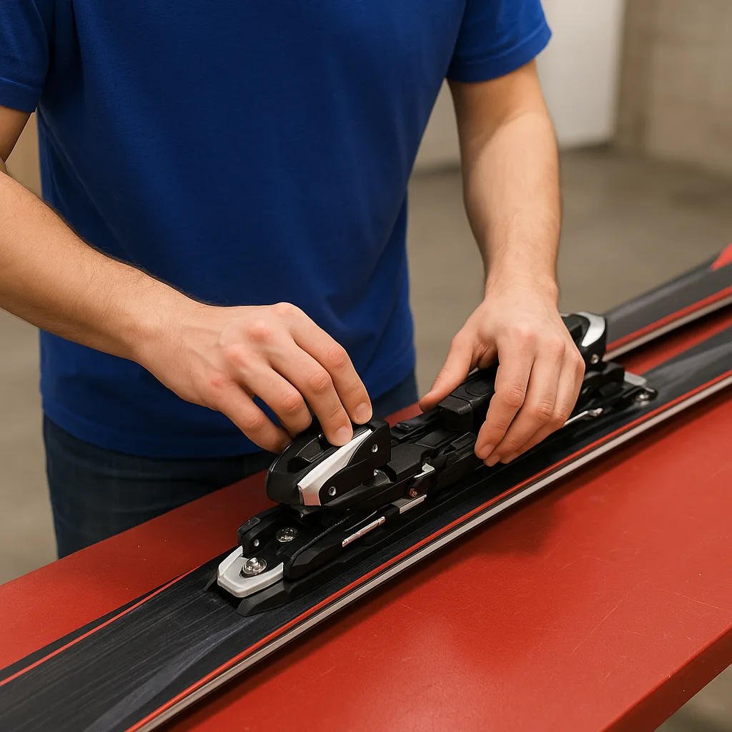 Person in a Blue Shirt Adjusts Ski Bindings