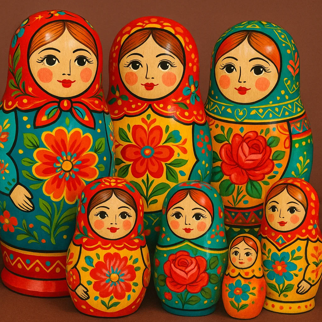 Set of Colorful Wooden Matryoshka Dolls Adorned with Detailed Floral