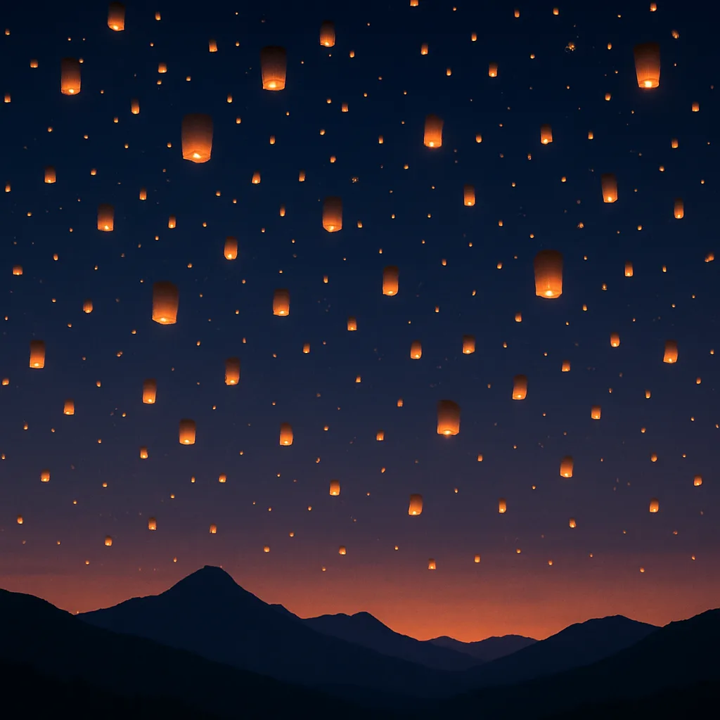 Countless Glowing Lanterns Drift Slowly Upwards into a Twilight Sky