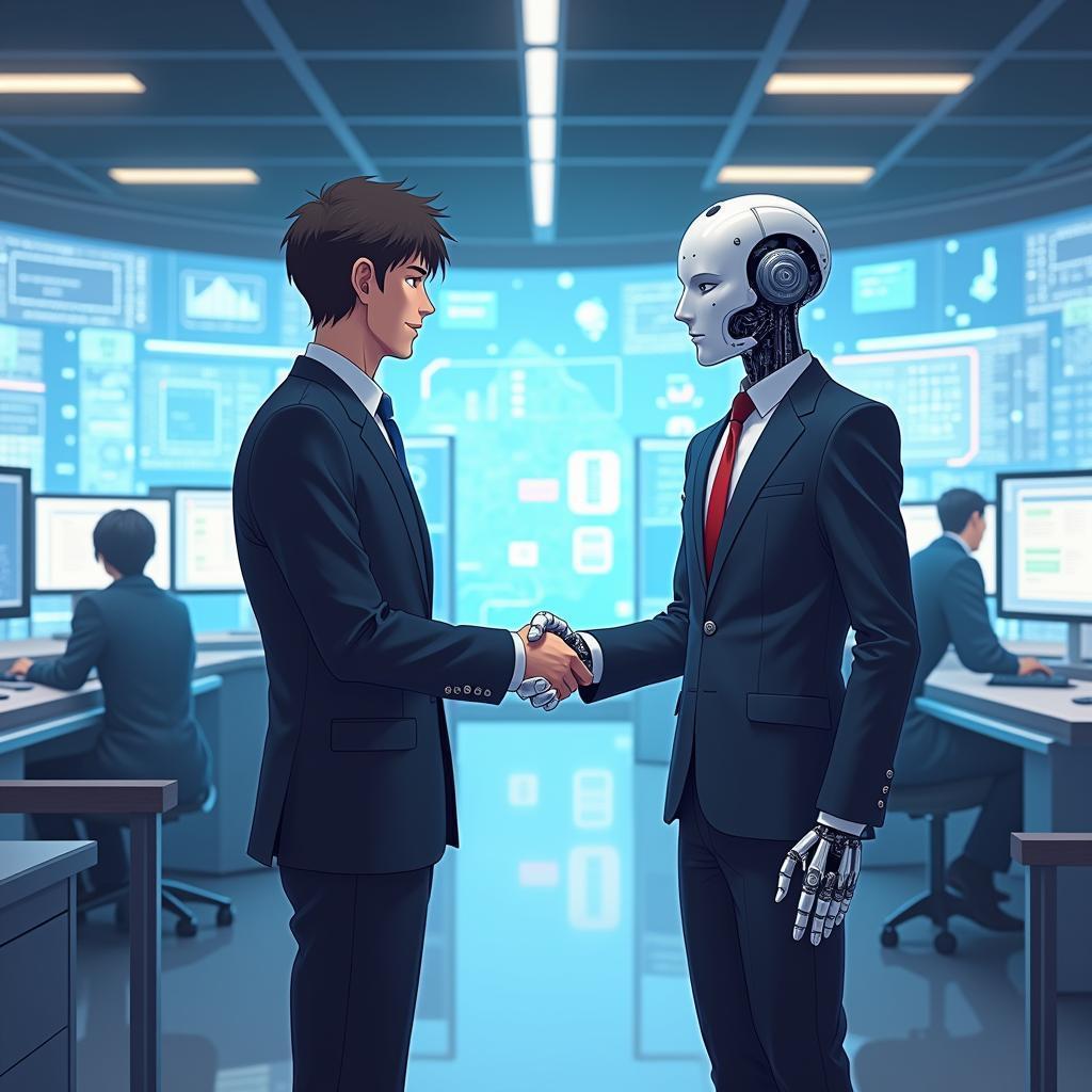 Man and Robot Sealing a Future Deal