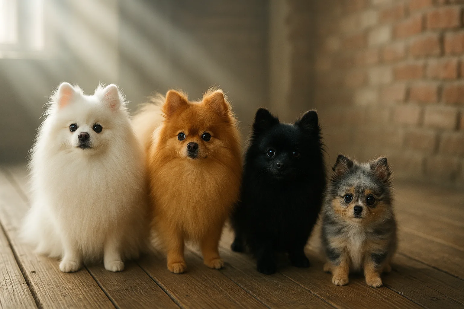 Four Distinct Pomeranians—a White One with a Profuse Ruff