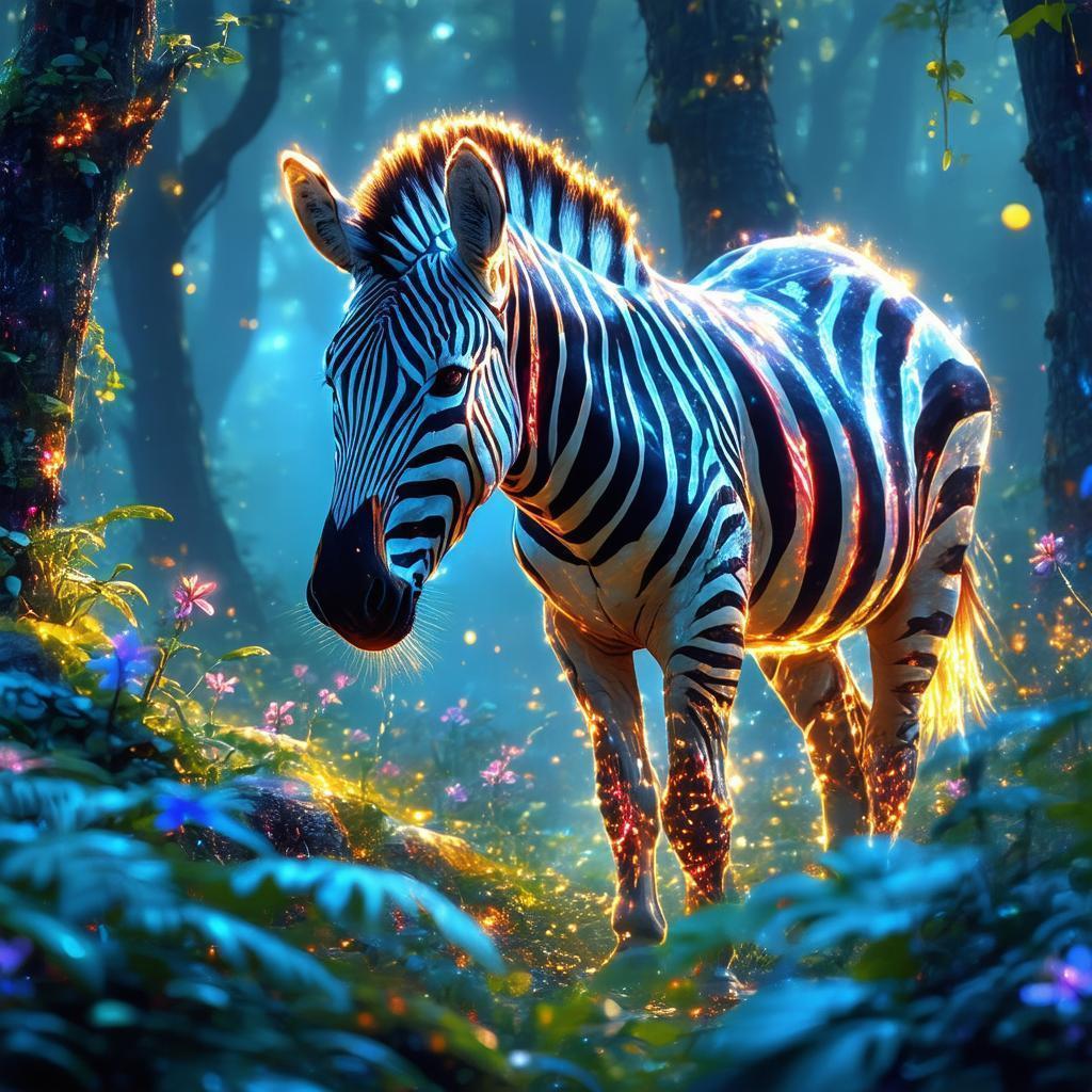 Blue and Red Striped Zebra in Enchanted Forest