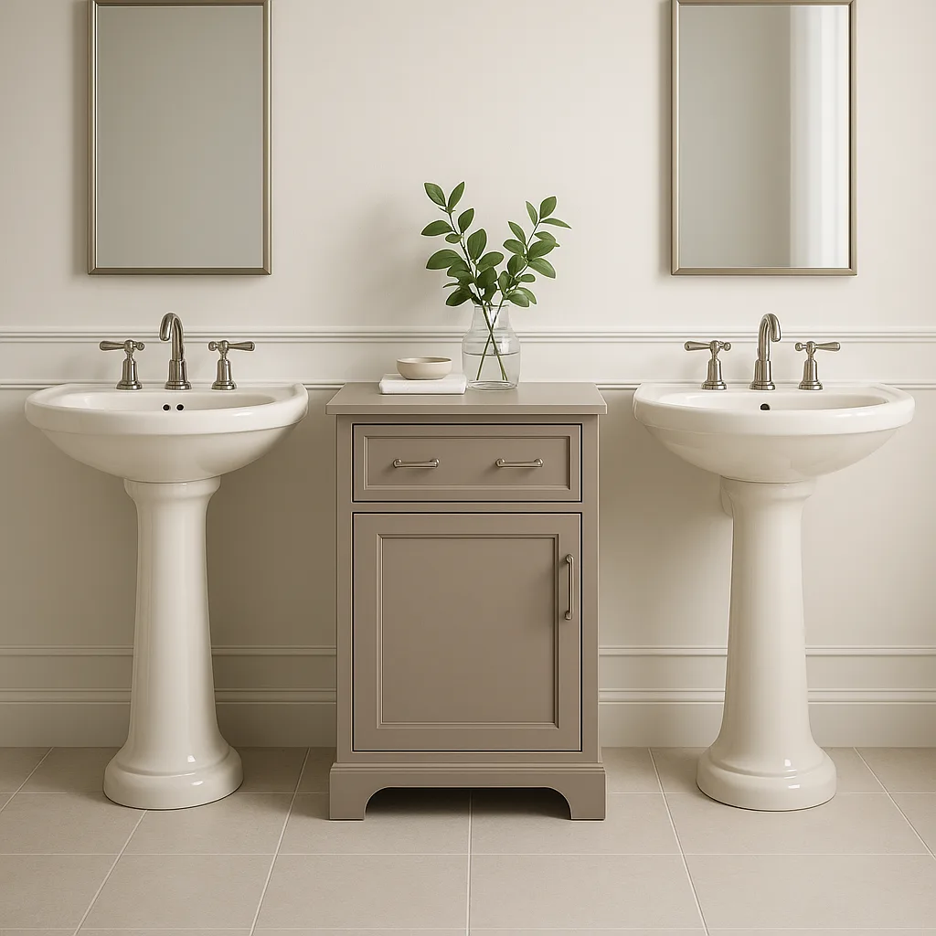 Sophisticated Bathroom Highlights a Duo of Elegant Ivory Pedestal Sinks