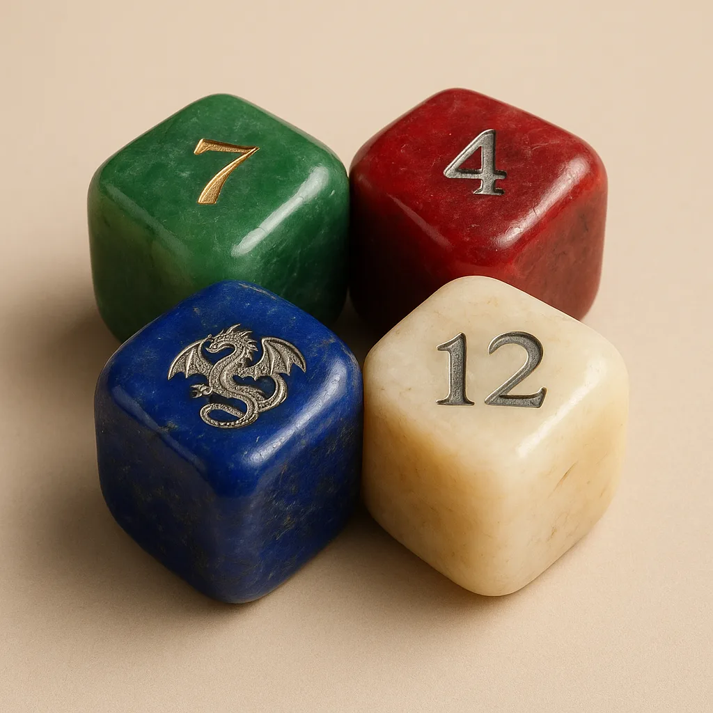 Ultra-realistic 3D Rendering of Four Polished Gemstone Dice Arranged Tightly