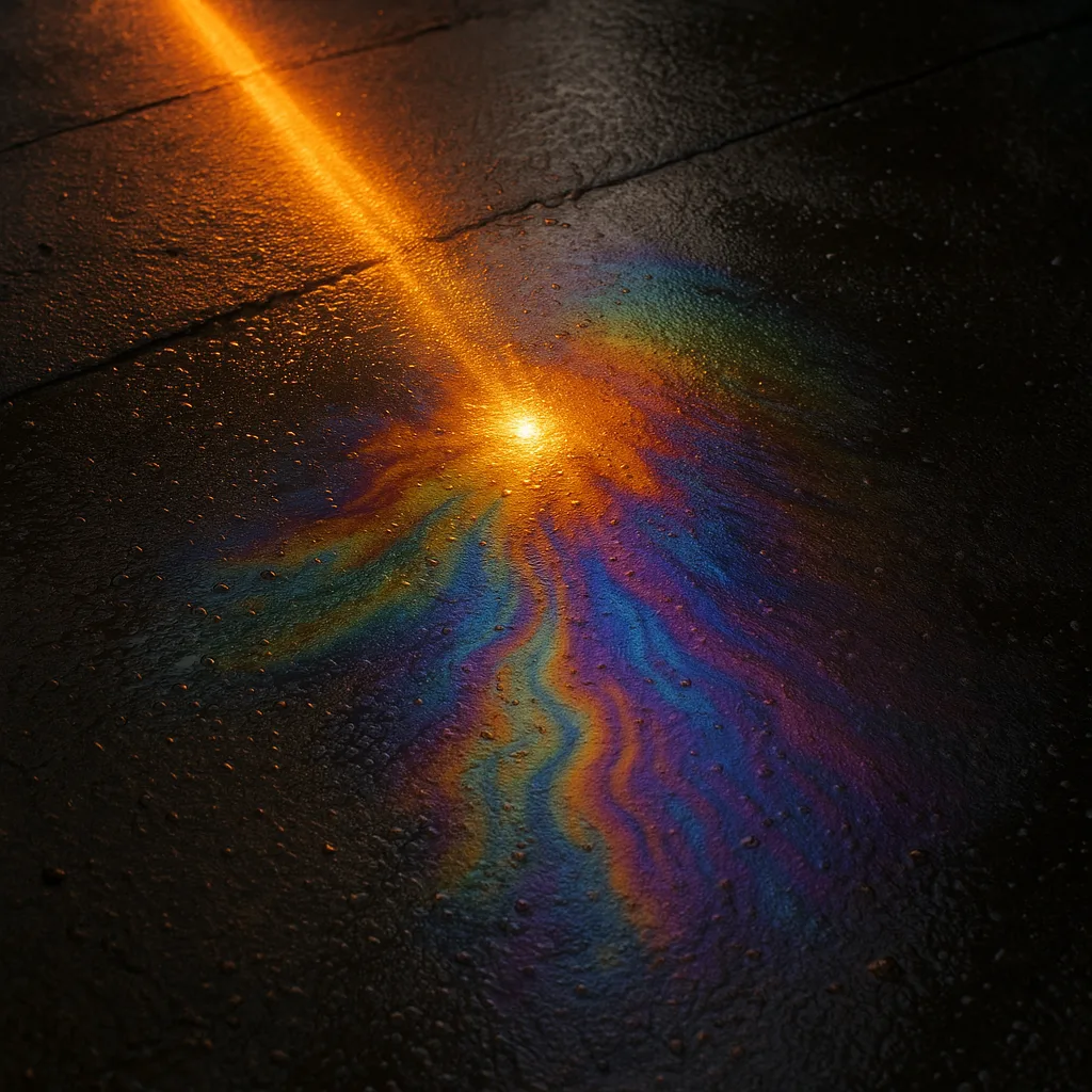 Sunlight Bouncing Off an Oil-coated Layer on a Wet Pavement