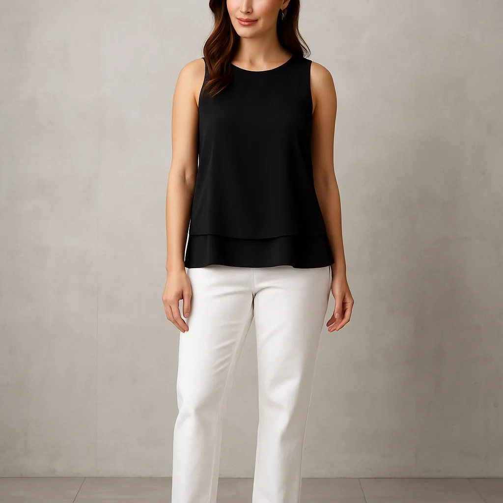Woman Wearing a Sleeveless Black Top with a Layered Hem