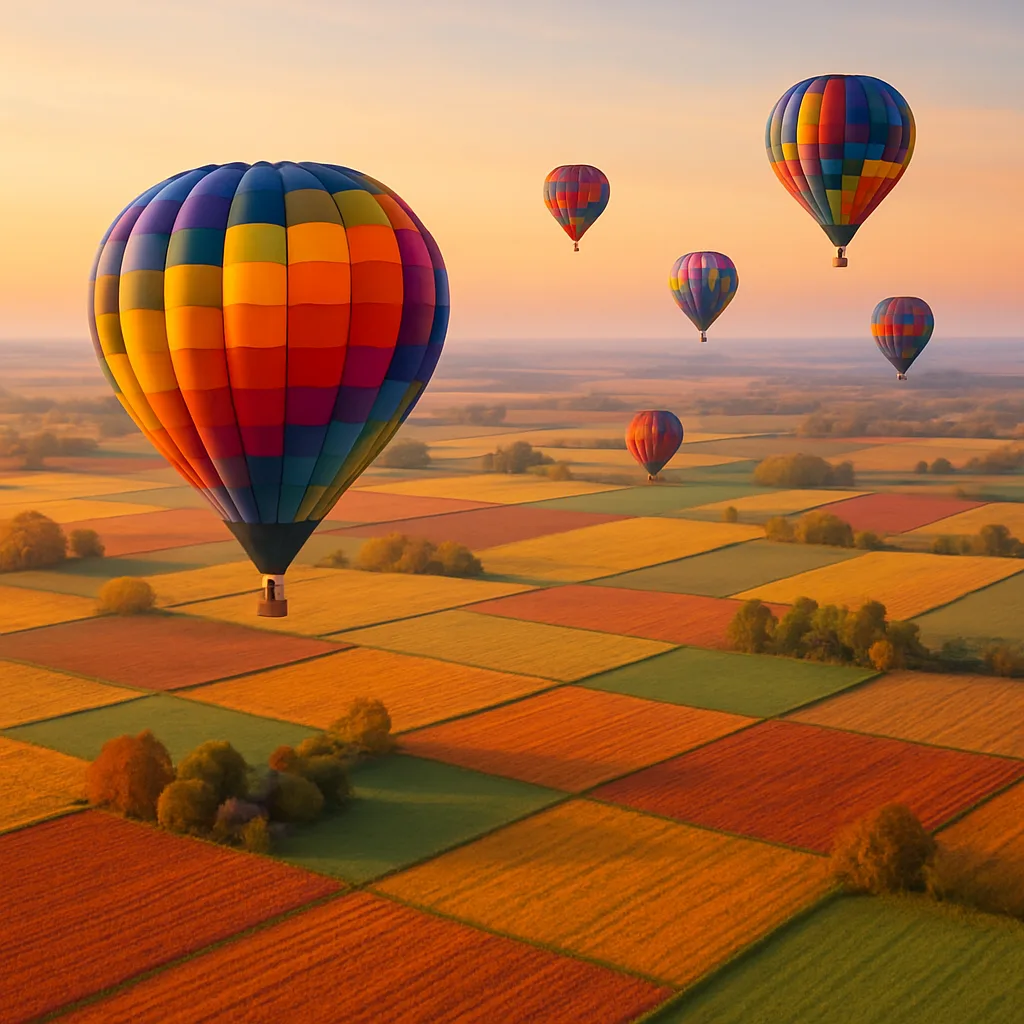 Small Flotilla of Colorful Hot Air Balloons Drifts Serenely