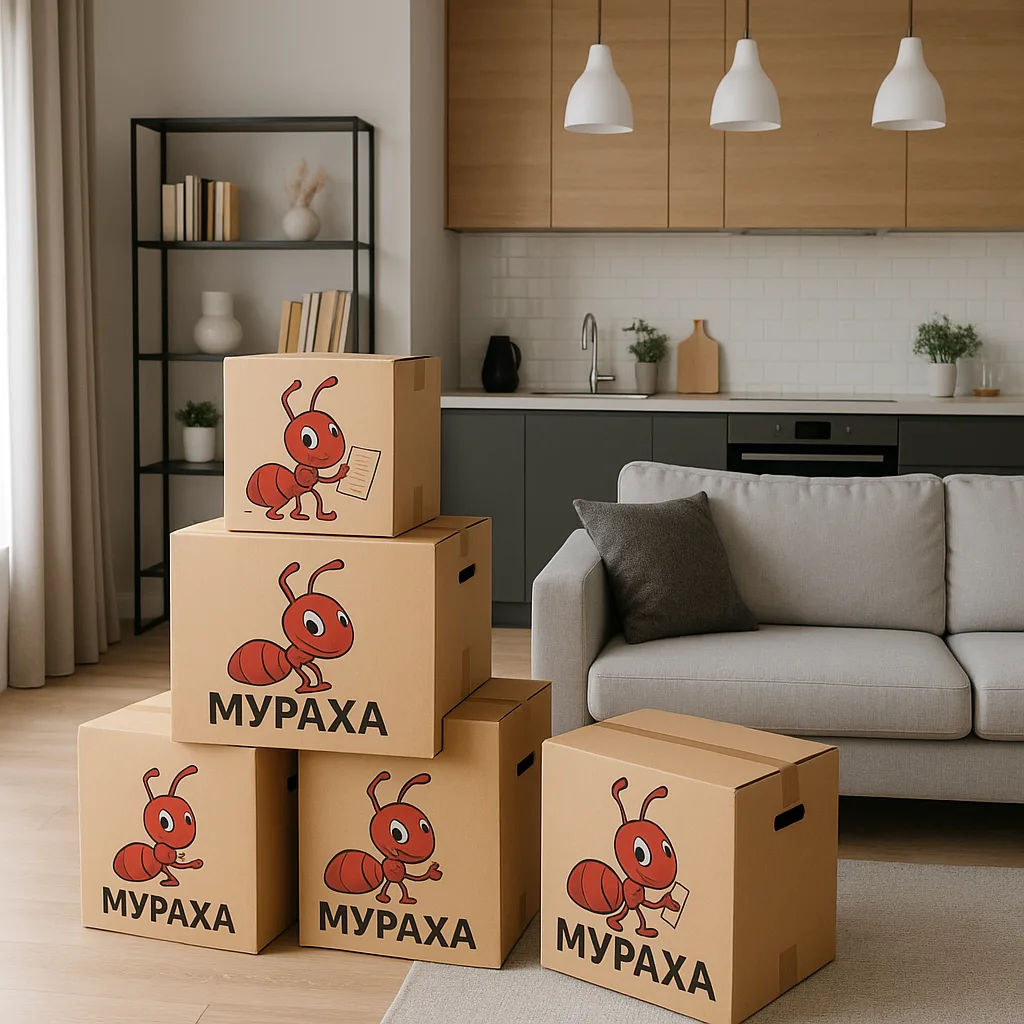 Modern Living Room and Kitchen Interior with Stacked Moving Boxes