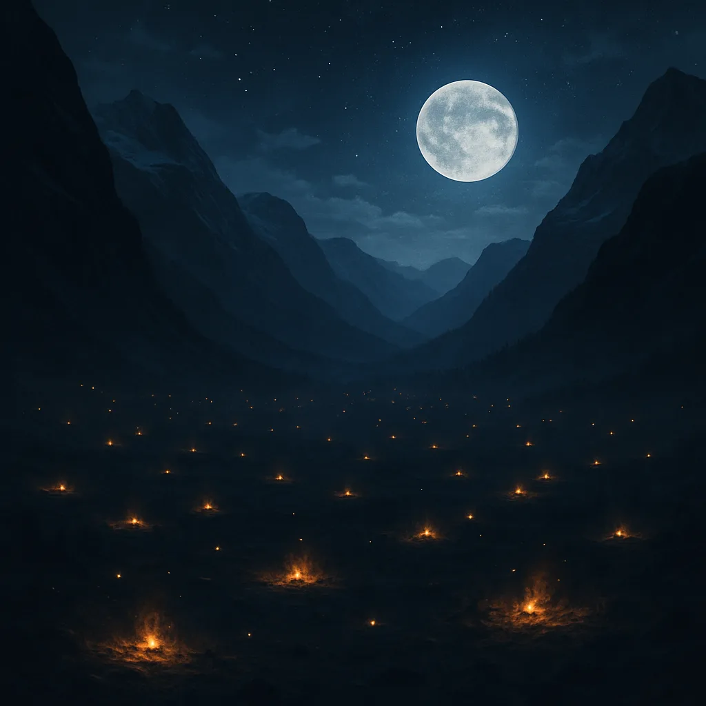 Many Distant Campfires Flicker Like Scattered Embers Across a Vast