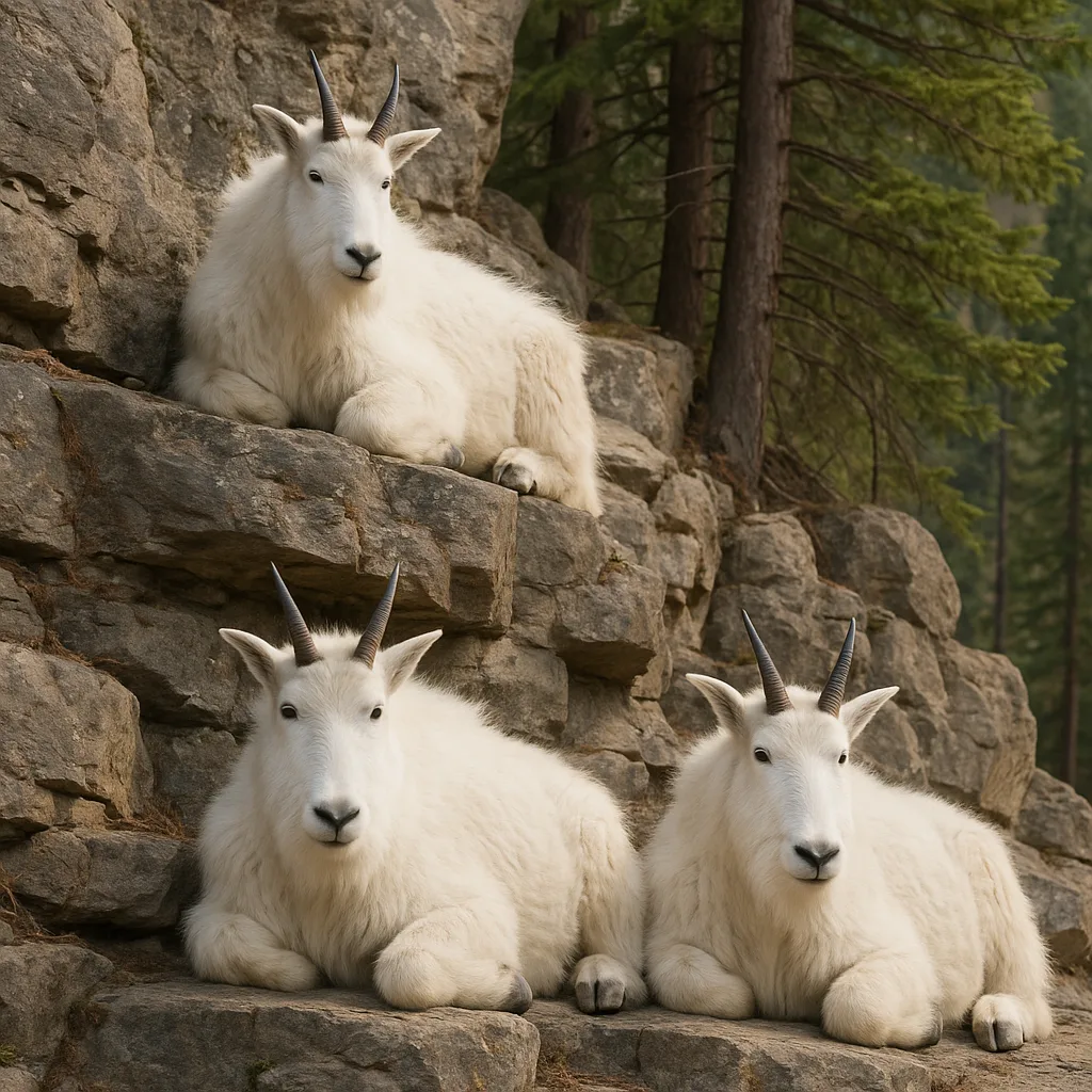 Three White Mountain Goats Resting on Rocky Ledges