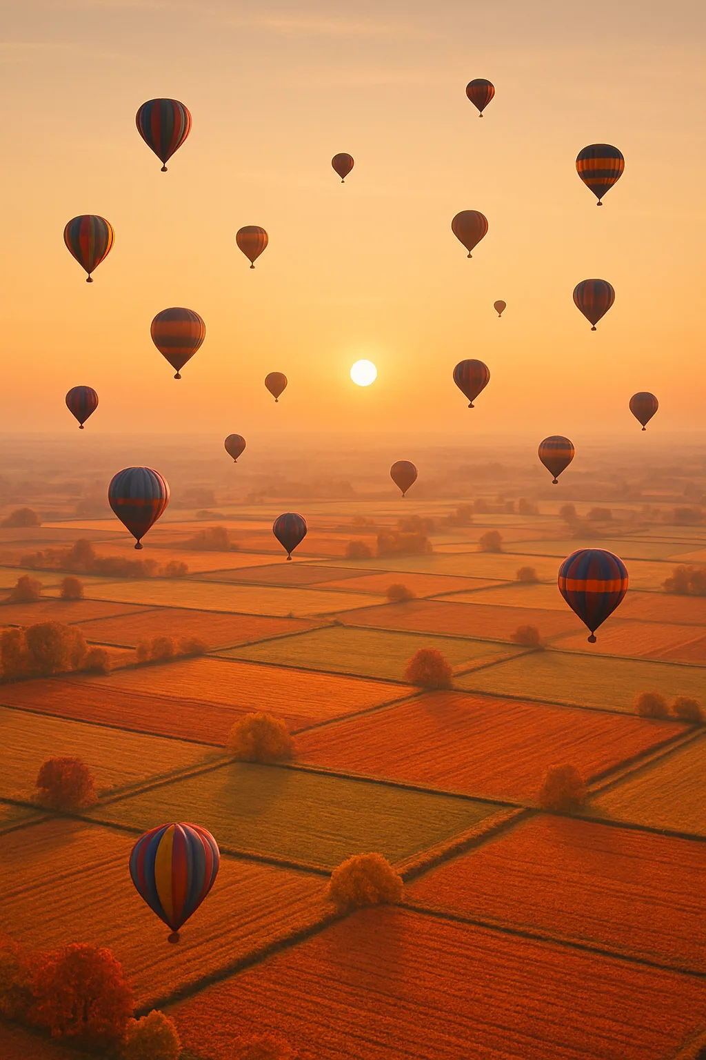 Many Distant Hot Air Balloons Drift Silently over a Sprawling