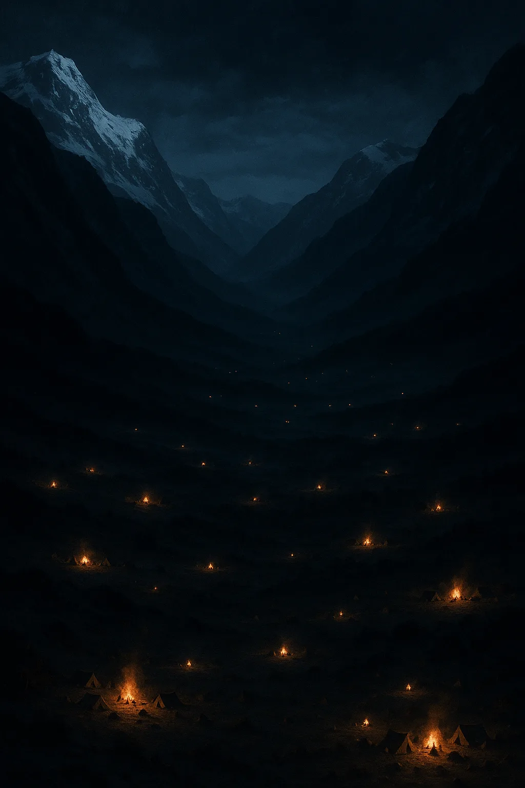 Numerous Distant Campfires Flicker Like Scattered Stars Across a Vast