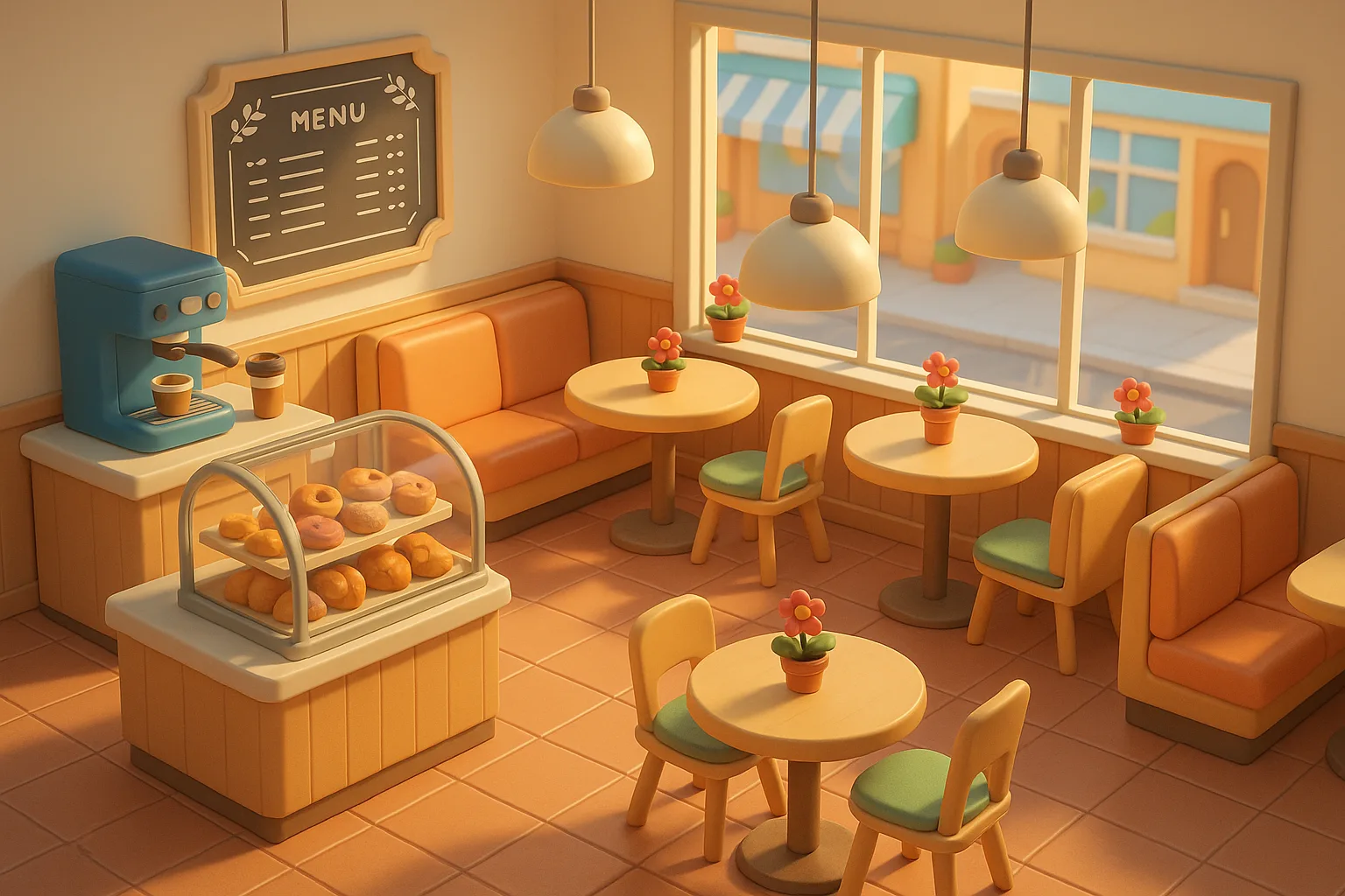 Tranquil Café Interior in a Vibrant 3D Style with Detailed