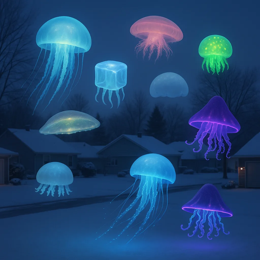 Abstract Sci-fi Tableau Materializes over Snow-covered Rooftops and Driveways
