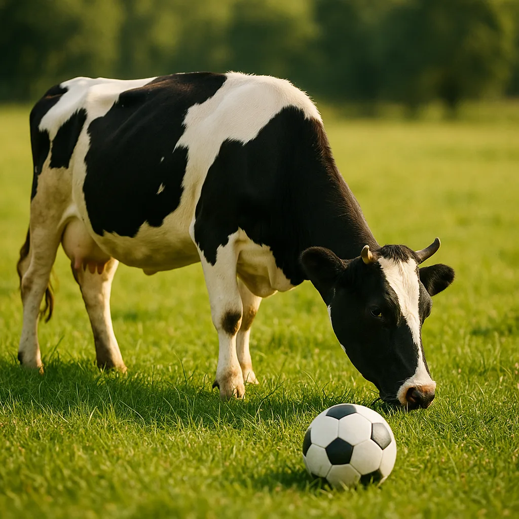 Cow Grazing near a Soccer Ball