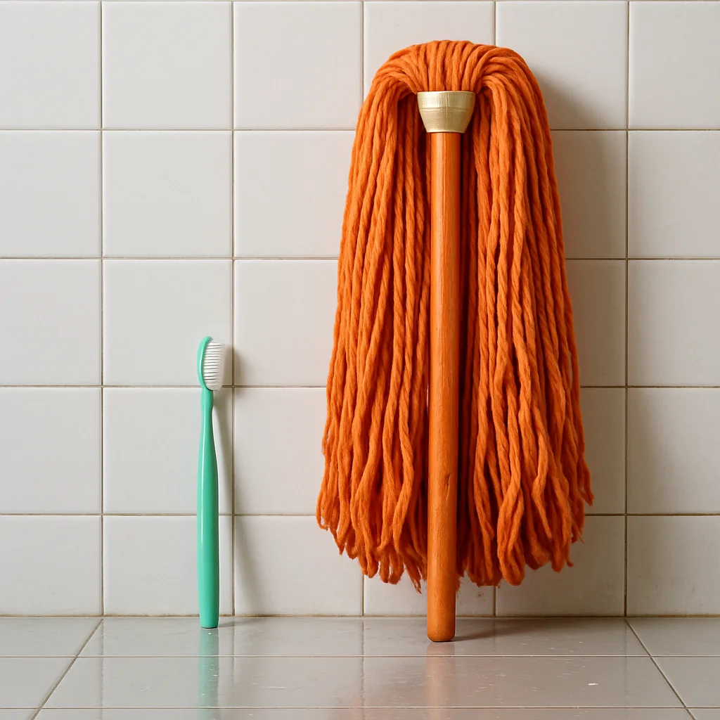 Mint Green Toothbrush Stands Upright Against a Towering Orange Mop