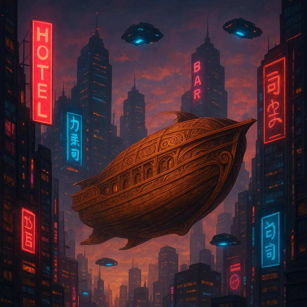 Digital Painting Depicting a Futuristic Cityscape at Dusk