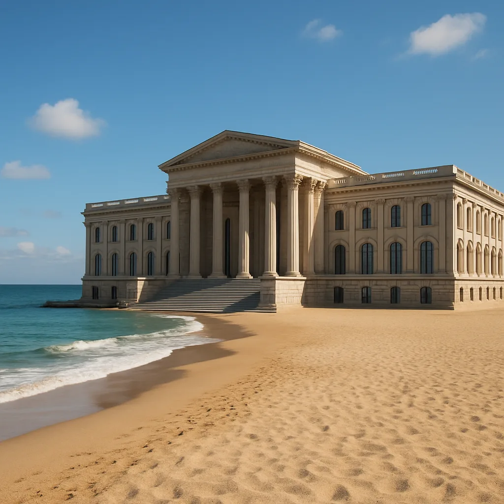 Expansive and Striking Building Situated on the Sandy Coastline