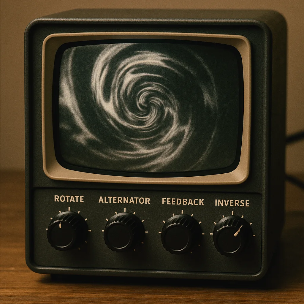 Retro-style Photo Feedback Machine with Knobs Labeled "Rotate," "Alternator," "Feedback,"