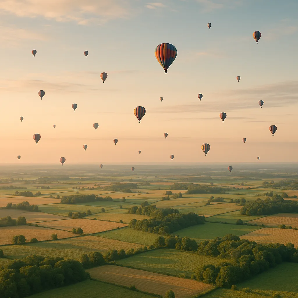 Many Distant Hot Air Balloons Drift Serenely over a Vast