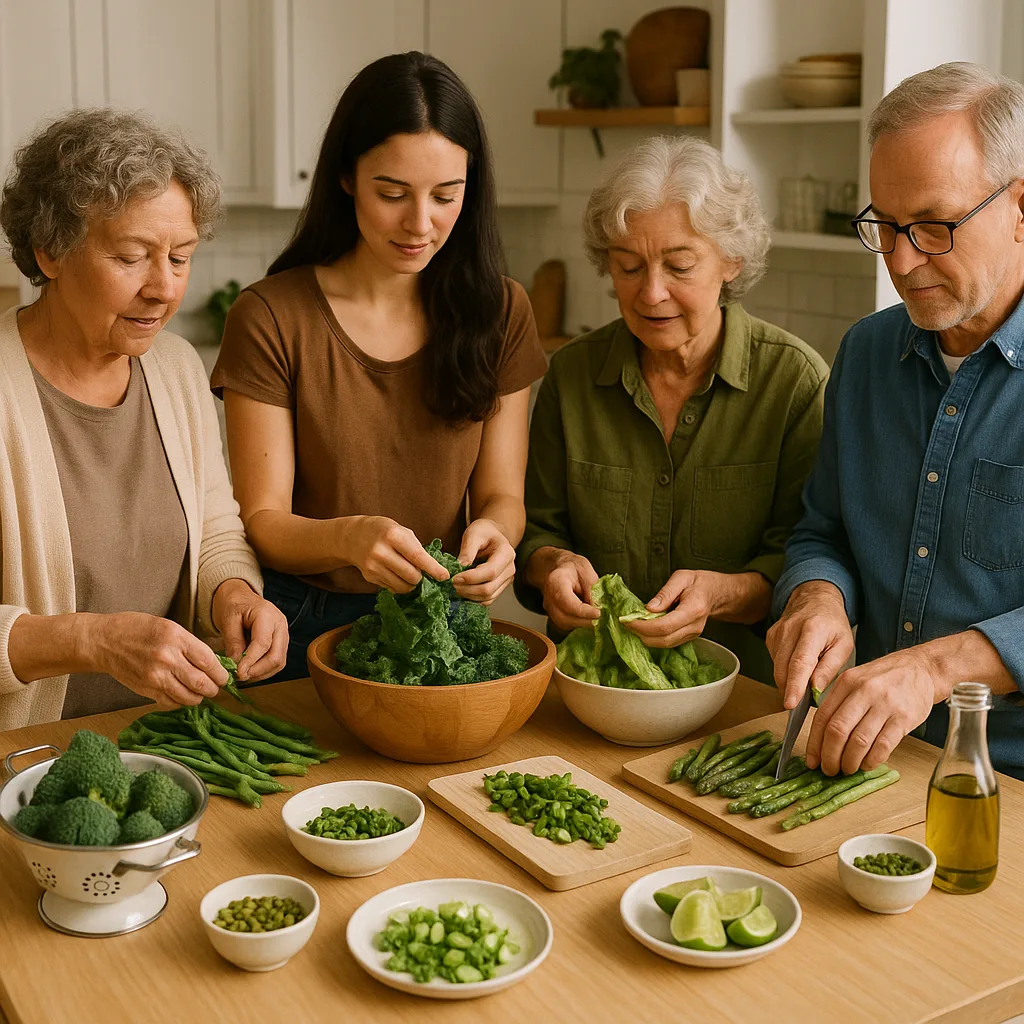 People Gathered Around a Kitchen Table Preparing Green Vegetables